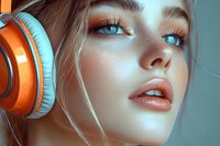 Close up portrait of young blonde woman with bright blue eyes and glossy lips wearing orange headphones against blue background. Music lifestyle concept.