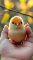 Fluffy yellow baby chick with big eyes sitting in gentle human palm against soft bokeh background of warm autumn colors. Close up macro photography.
