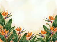 Watercolor tropical border with bird of paradise flowers and lush green leaves on a soft beige background with copy space for text.