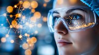 Young female scientist in protective goggles observing glowing particles and molecular structures in laboratory with bokeh light effects in blue tones.
