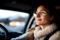 Young Asian woman in glasses and cozy knit scarf smiling while driving car at dusk, bokeh lights in background create warm atmospheric mood.