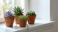 Small succulent plants in terracotta pots arranged on white windowsill with natural light for home decor and indoor gardening.