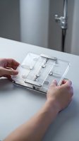 Person with medium skin tone holding clear acrylic organizer box containing jewelry, watches, and accessories on white table in modern interior setting.