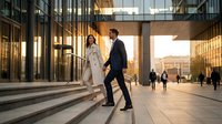 Professional business couple walking together outside modern corporate office building during golden hour sunset for partnership concepts.