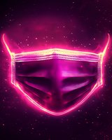 Glowing neon surgical mask in pink and purple colors floating on dark background with sparkles and light effects, modern healthcare concept.