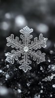 Macro photography of natural snowflake crystal showing intricate hexagonal pattern and delicate ice structure against dark background with bokeh effect.
