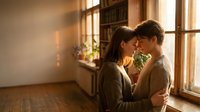 Young couple sharing intimate moment by window in warm sunlit kitchen during golden hour creating romantic atmosphere for lifestyle content.
