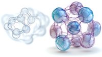Molecular structure visualization in soft blue and purple watercolor style showing atomic bonds and spherical elements on white background.