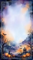 Watercolor Halloween frame with pumpkins, bats, haunted castle, and spooky trees. Purple and orange tones with copy space for text.