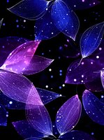 Glowing translucent leaves in cosmic blue and purple hues float against dark background with sparkling light effects, creating magical nature-inspired pattern.