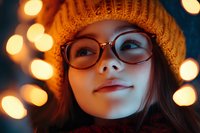 Young Asian woman in glasses and knit beanie smiling with warm bokeh lights creating magical winter atmosphere in background. Close up portrait with soft evening glow.