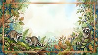 Woodland frame with playful raccoons among ferns and autumn leaves creates natural border for text or design elements on light background.