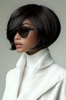 Young African American woman with stylish bob haircut wearing sunglasses and white knit coat against neutral background, fashion portrait in modern elegant style.