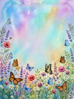 Watercolor spring meadow with colorful butterflies, wildflowers and lavender on pastel rainbow background for greeting cards and botanical designs.