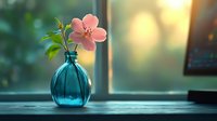 Single pink flower in turquoise glass vase on wooden windowsill against soft blurred background with warm sunset light creating peaceful atmosphere.