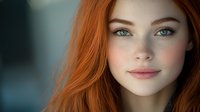 Young woman with natural red hair, blue eyes and freckles smiling gently against blurred background. Soft lighting enhances feminine features and natural beauty.