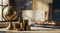 Vintage brass globe with stacked gold coins on wooden desk surrounded by old books creating classic financial education and investment planning concept.