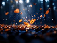 Glowing autumn leaves dancing in dark forest with magical bokeh lights and sparkles, ground level view capturing ethereal evening atmosphere and falling foliage.