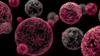 Microscopic cancer cells floating in dark space with detailed cellular structure and pink coloration for medical research and education.