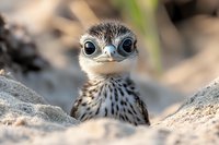 Adorable baby bird chick with large eyes and speckled feathers sitting on sandy ground in natural outdoor habitat for wildlife photography.