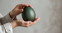 Person with medium skin tone holding a dark green egg in both hands against a neutral background, suitable for Easter, spring celebrations, gift concepts, and holiday marketing materials.