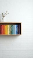 Floating wooden bookshelf with rainbow colored books arranged by hue against white brick wall with eucalyptus branch in minimalist home interior design.