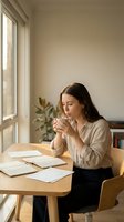 Young professional woman enjoying coffee break while working from home office with documents and natural window light creating peaceful workspace atmosphere.