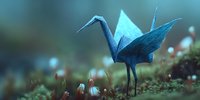 Blue origami crane standing among tiny white flowers on moss, creating magical forest atmosphere with soft bokeh background.