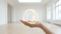 Hand holding glowing circular hologram with concentric rings in modern white interior room with natural light from windows.