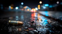 Spent bullet casing on wet asphalt street at night with colorful bokeh lights reflecting on pavement creating dramatic urban crime scene atmosphere.