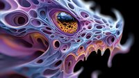 Mystical dragon head in purple and blue hues with intricate organic patterns and glowing orange eye against black background, fantasy art style digital illustration.