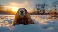 Curious groundhog emerging from snow at sunrise, close up portrait with golden winter morning light and bare trees silhouettes in background.