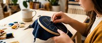Woman embroidering constellation pattern on dark fabric with golden thread in cozy crafting workspace with coffee cup and sewing supplies on wooden table.