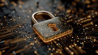Digital padlock on circuit board with glowing connections representing cybersecurity, data protection and network security technology concepts.