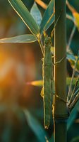 Green grasshopper camouflaged on bamboo stem with warm golden sunlight filtering through tropical foliage creating natural bokeh background.