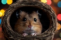 Curious hamster peeking out from decorative woven nest against colorful bokeh lights background, creating magical holiday atmosphere. Perfect for pet care themes.
