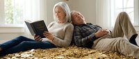 Senior couple relaxing together on bed, woman reading book while man rests against her shoulder in cozy bedroom with natural light streaming through windows.