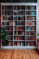 Classic white bookshelf filled with vintage hardcover books in blue and red tones against dark floral wallpaper, wooden floor, and decorative plants creating cozy library atmosphere.