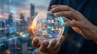 Businessman holding glowing digital globe with holographic cityscape and network connections, representing global technology, smart cities, and digital innovation for business solutions.