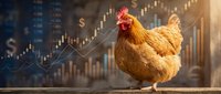 Golden hen standing against financial charts and upward trending graphs with stock market data in background.