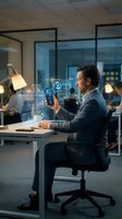 Professional businessman using holographic interface technology in modern office workspace for data analysis and digital transformation projects.