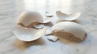 Broken white eggshells scattered on marble surface with soft natural lighting creating delicate shadows and textures for cooking and baking concepts.
