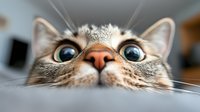 Close up portrait of curious cat face with big blue eyes and pink nose looking up at camera, funny pet expression showing playful feline personality.