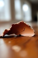 Broken eggshell fragment on wooden surface with soft natural lighting and shallow depth of field creating artistic macro photography composition.