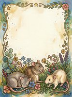 Vintage floral frame with cute mice and wildflowers on aged paper background for greeting cards, invitations and decorative designs.