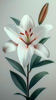 White oriental lily bloom with red speckled center and dark green leaves against soft gradient background. Single flower with unopened bud creates elegant botanical composition.