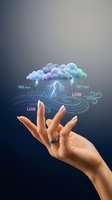 Hand holding glowing holographic weather system with storm cloud, lightning, pressure readings and low pressure symbols for meteorology, forecasting and climate technology concepts.