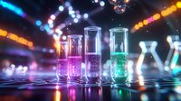 Glowing laboratory test tubes with colorful luminescent liquids against dark background with bokeh lights, creating futuristic scientific atmosphere.
