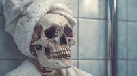 Human skull wearing white towel turban in bathroom setting with tiled wall background, suggesting spa day or self-care concept with dark humor.