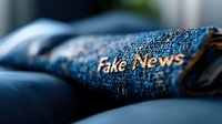 Metallic text reading "Fake News" on textured blue denim fabric background with shallow depth of field, representing media disinformation and misinformation concept.